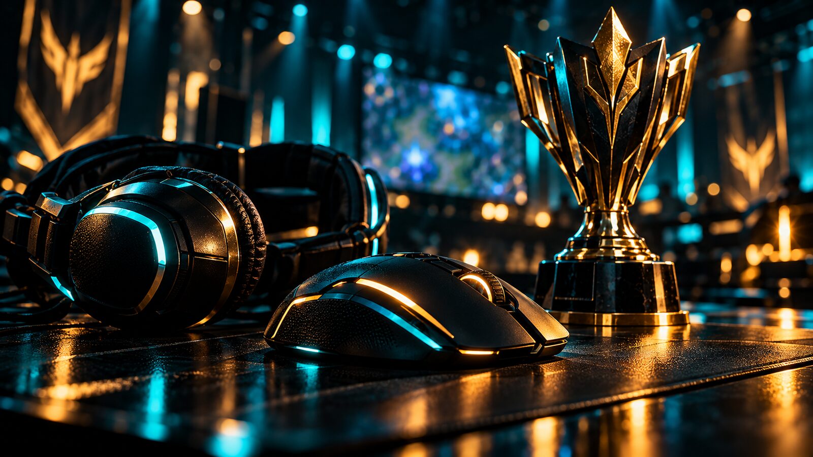 Gamer egér, fejhallgató és egy kis díj egy sötét, csillogó felületen, türkiz és arany fényben